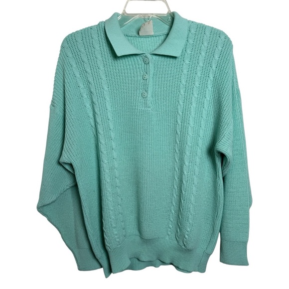 Vtg 80s Collared Knit Polo Sweater Sz Large XL Green Teal Grandpa Quarter Button - Picture 1 of 5
